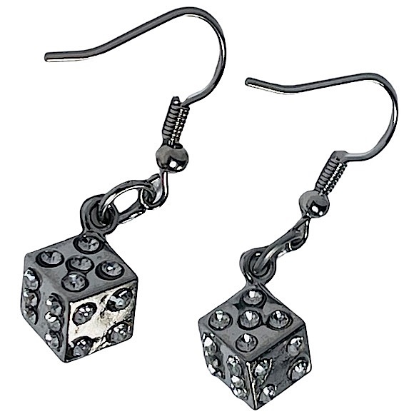 Dice dangly earrings sparkly silver with rhinestones NEW - Picture 1 of 6